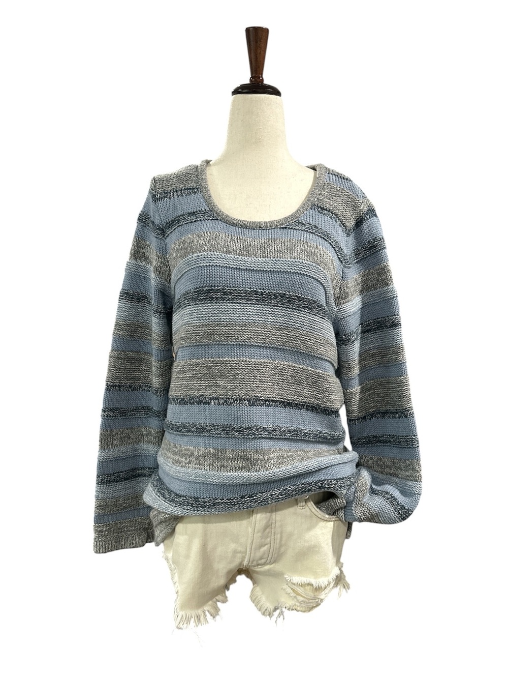 L.L. Bean Women's 100% Cotton Striped Knit Pullover Sweater Large Blue Gray